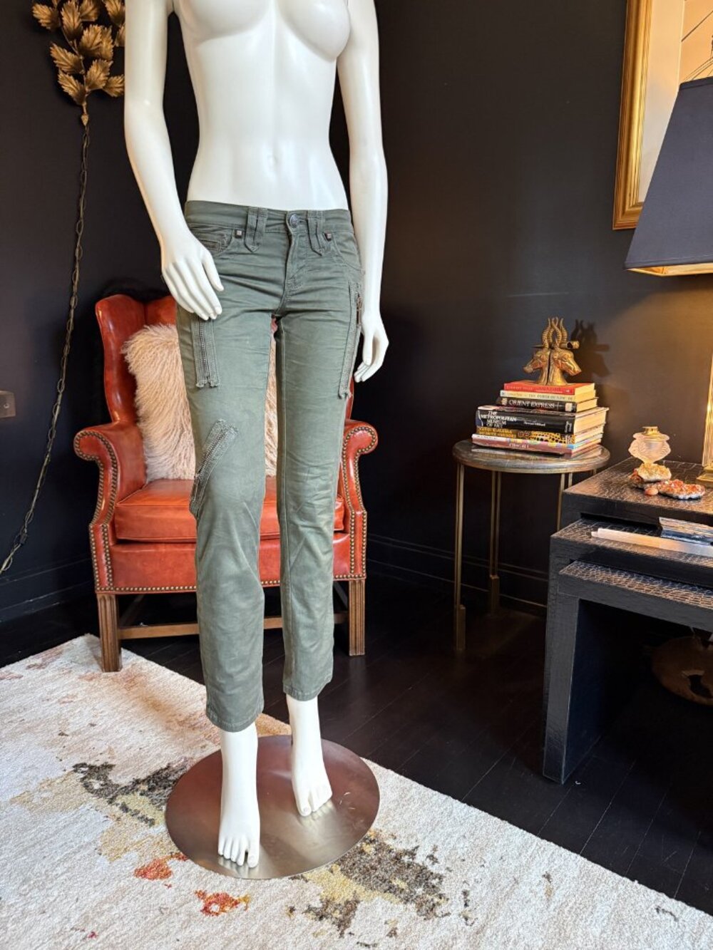 VIGOSS Vintage Y2K Olive Studded Moto Cargo Skinny Pants Sz 25 ~2007